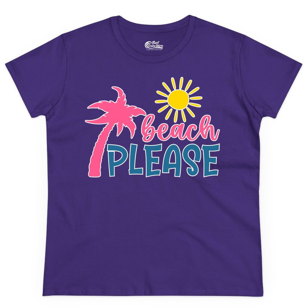 Beach Please Shirt - Funny Tropical Summer Tee with Palm Tree Sun (Ladies Tee) in Purple - Beach Please Shirt - Tropical Palm Tree and Sun Funny Summer Tee