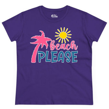Beach Please Shirt - Funny Tropical Summer Tee with Palm Tree Sun (Ladies Tee) in Purple - Beach Please Shirt - Tropical Palm Tree and Sun Funny Summer Tee
