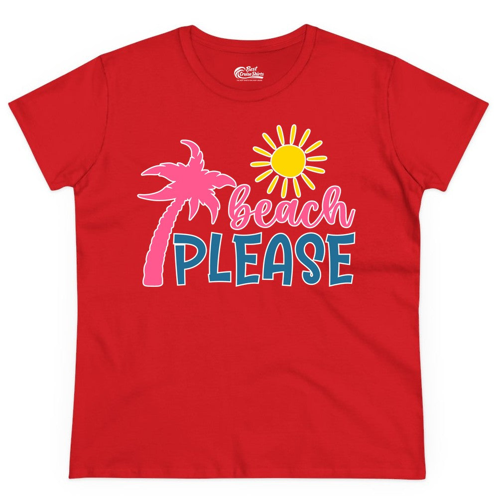 Beach Please Shirt - Funny Tropical Summer Tee with Palm Tree Sun (Ladies Tee) in Red - Beach Please Shirt - Tropical Palm Tree and Sun Funny Summer Tee