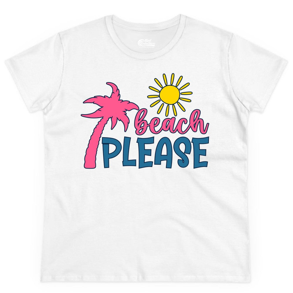 Beach Please Shirt - Funny Tropical Summer Tee with Palm Tree Sun (Ladies Tee) in White - Beach Please Shirt - Tropical Palm Tree and Sun Funny Summer Tee