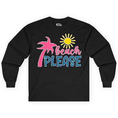 Beach Please Shirt - Funny Tropical Summer Tee with Palm Tree Sun (Long Sleeve) in Black - Beach Please Shirt - Tropical Palm Tree and Sun Funny Summer Tee