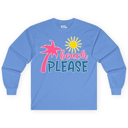 Beach Please Shirt - Funny Tropical Summer Tee with Palm Tree Sun (Long Sleeve) in Carolina Blue - Beach Please Shirt - Tropical Palm Tree and Sun Funny Summer Tee