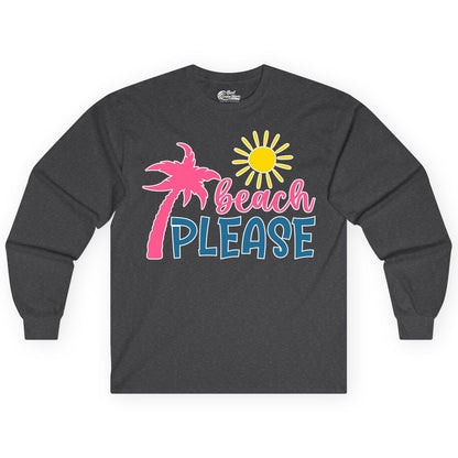 Beach Please Shirt - Funny Tropical Summer Tee with Palm Tree Sun (Long Sleeve) in Dark Heather - Beach Please Shirt - Tropical Palm Tree and Sun Funny Summer Tee