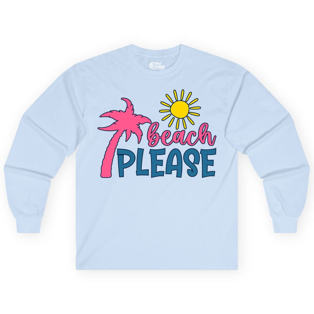 Beach Please Shirt - Funny Tropical Summer Tee with Palm Tree Sun (Long Sleeve) in Light Blue - Beach Please Shirt - Tropical Palm Tree and Sun Funny Summer Tee
