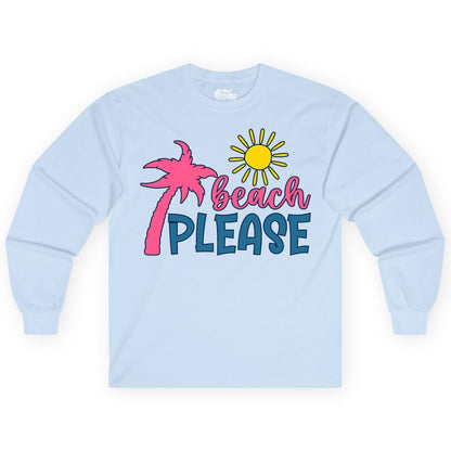 Beach Please Shirt - Funny Tropical Summer Tee with Palm Tree Sun (Long Sleeve) in Light Blue - Beach Please Shirt - Tropical Palm Tree and Sun Funny Summer Tee
