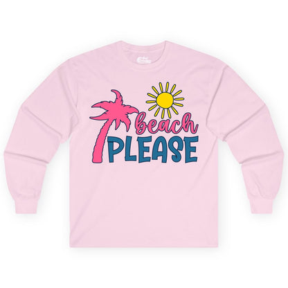 Beach Please Shirt - Funny Tropical Summer Tee with Palm Tree Sun (Long Sleeve) in Light Pink - Beach Please Shirt - Tropical Palm Tree and Sun Funny Summer Tee
