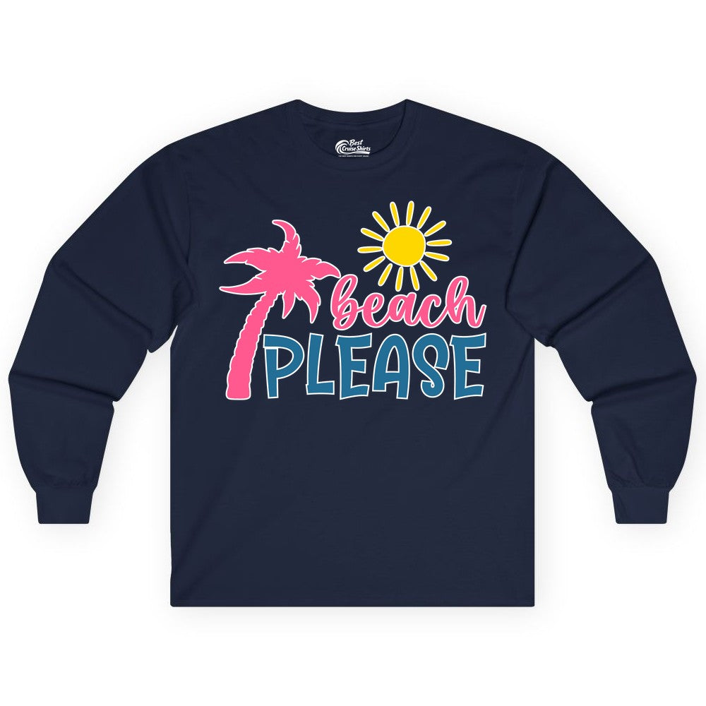 Beach Please Shirt - Funny Tropical Summer Tee with Palm Tree Sun (Long Sleeve) in Navy - Beach Please Shirt - Tropical Palm Tree and Sun Funny Summer Tee