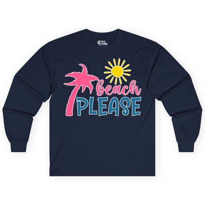 Beach Please Shirt - Funny Tropical Summer Tee with Palm Tree Sun (Long Sleeve) in Navy - Beach Please Shirt - Tropical Palm Tree and Sun Funny Summer Tee