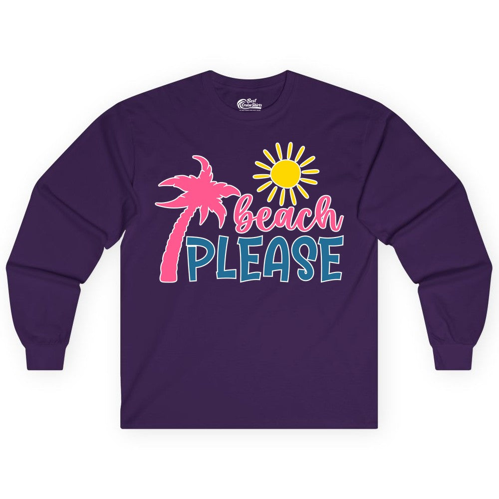 Beach Please Shirt - Funny Tropical Summer Tee with Palm Tree Sun (Long Sleeve) in Purple - Beach Please Shirt - Tropical Palm Tree and Sun Funny Summer Tee