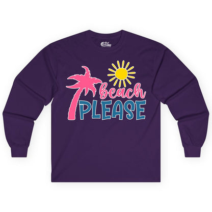 Beach Please Shirt - Funny Tropical Summer Tee with Palm Tree Sun (Long Sleeve) in Purple - Beach Please Shirt - Tropical Palm Tree and Sun Funny Summer Tee