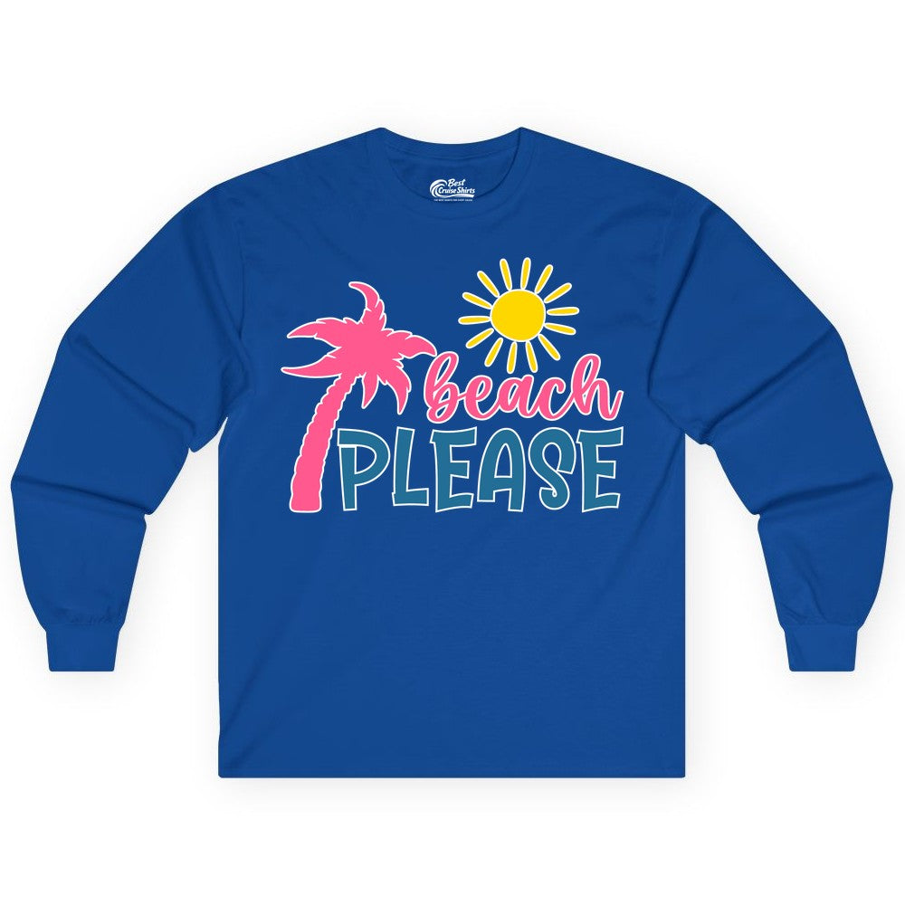 Beach Please Shirt - Funny Tropical Summer Tee with Palm Tree Sun (Long Sleeve) in Royal - Beach Please Shirt - Tropical Palm Tree and Sun Funny Summer Tee