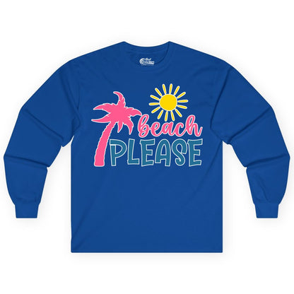 Beach Please Shirt - Funny Tropical Summer Tee with Palm Tree Sun (Long Sleeve) in Royal - Beach Please Shirt - Tropical Palm Tree and Sun Funny Summer Tee