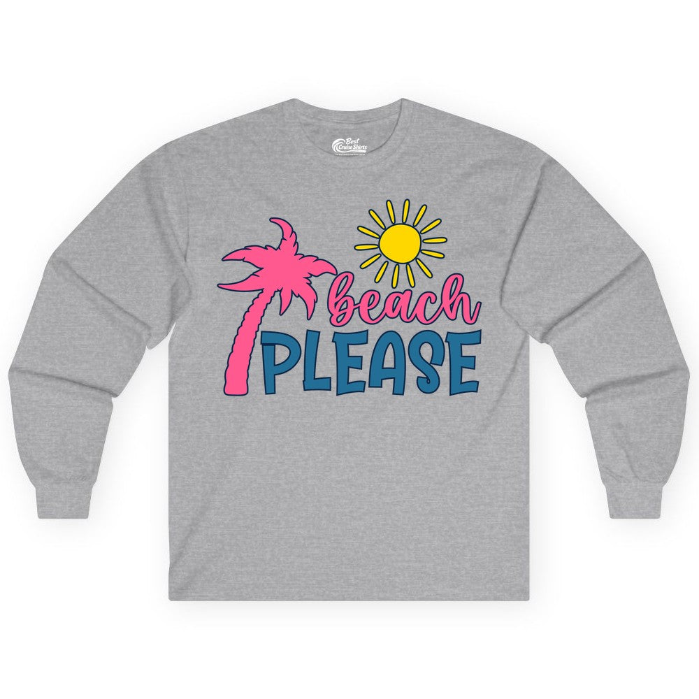Beach Please Shirt - Funny Tropical Summer Tee with Palm Tree Sun (Long Sleeve) in Sport Grey - Beach Please Shirt - Tropical Palm Tree and Sun Funny Summer Tee