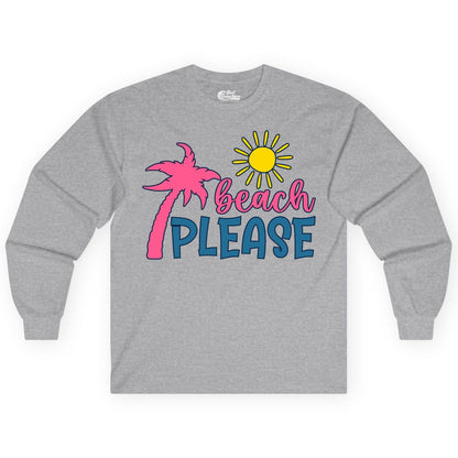 Beach Please Shirt - Funny Tropical Summer Tee with Palm Tree Sun (Long Sleeve) in Sport Grey - Beach Please Shirt - Tropical Palm Tree and Sun Funny Summer Tee