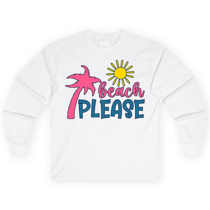 Beach Please Shirt - Funny Tropical Summer Tee with Palm Tree Sun (Long Sleeve) in White - Beach Please Shirt - Tropical Palm Tree and Sun Funny Summer Tee