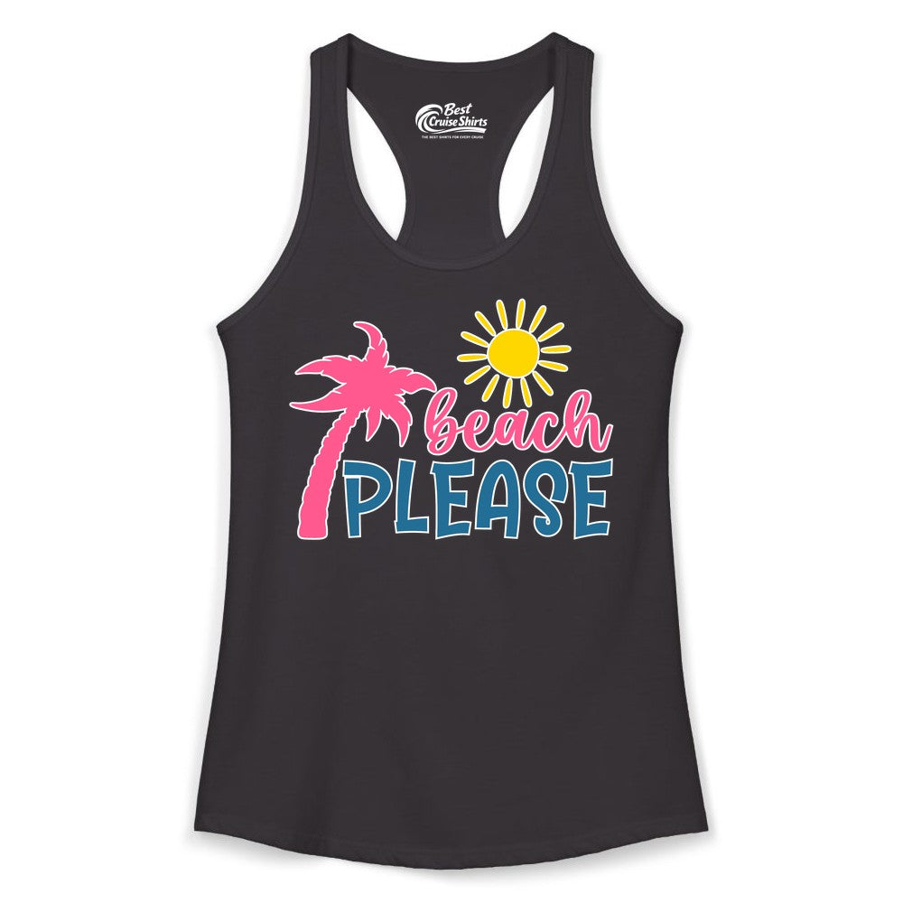 Beach Please Shirt - Funny Tropical Summer Tee with Palm Tree Sun (Ladies Tank) in Black - Beach Please Shirt - Tropical Palm Tree and Sun Funny Summer Tee