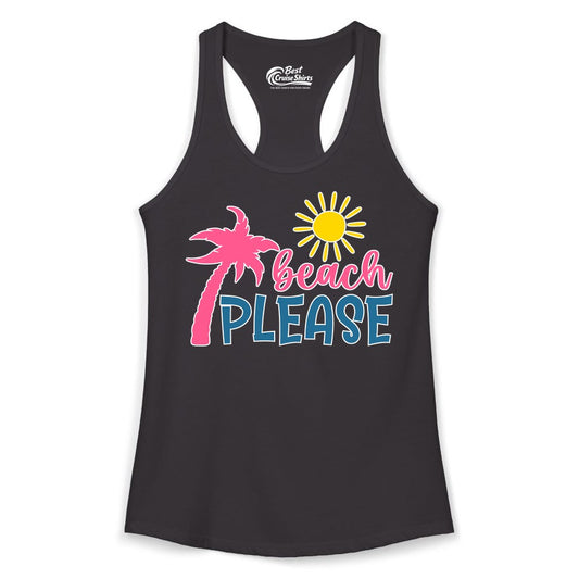 Beach Please Shirt - Funny Tropical Summer Tee with Palm Tree Sun (Ladies Tank) in Black - Beach Please Shirt - Tropical Palm Tree and Sun Funny Summer Tee