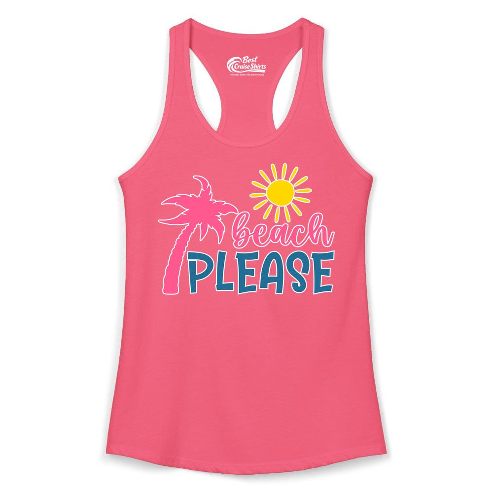 Beach Please Shirt - Funny Tropical Summer Tee with Palm Tree Sun (Ladies Tank) in Hot Pink - Beach Please Shirt - Tropical Palm Tree and Sun Funny Summer Tee