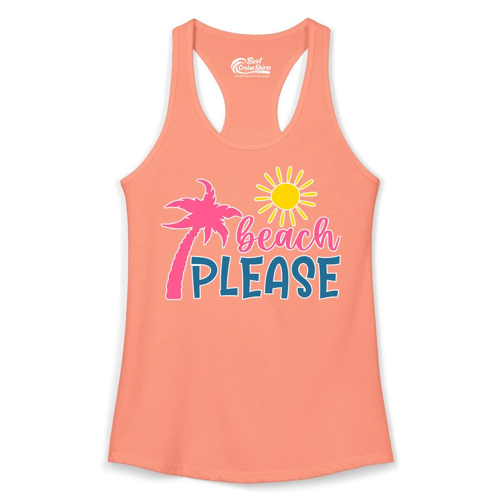 Beach Please Shirt - Funny Tropical Summer Tee with Palm Tree Sun (Ladies Tank) in Solid Light Orange - Beach Please Shirt - Tropical Palm Tree and Sun Funny Summer Tee