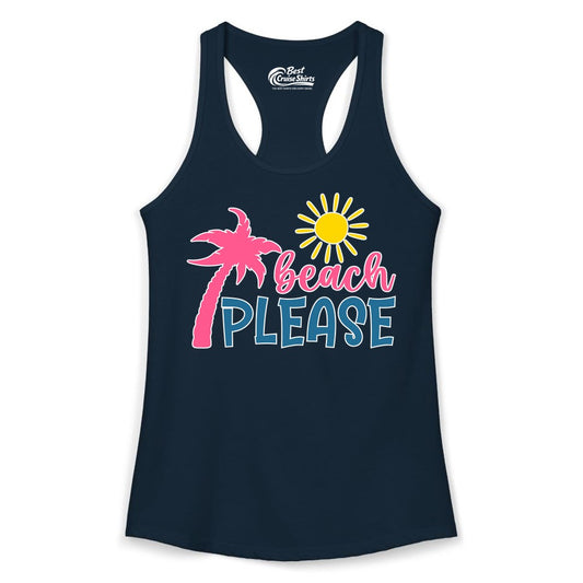 Beach Please Shirt - Funny Tropical Summer Tee with Palm Tree Sun (Ladies Tank) in Solid Midnight Navy - Beach Please Shirt - Tropical Palm Tree and Sun Funny Summer Tee