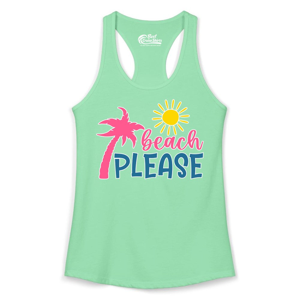 Beach Please Shirt - Funny Tropical Summer Tee with Palm Tree Sun (Ladies Tank) in Solid Mint - Beach Please Shirt - Tropical Palm Tree and Sun Funny Summer Tee