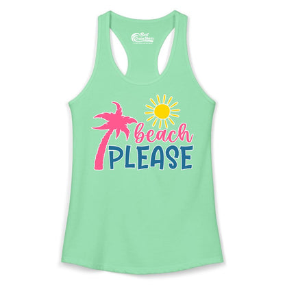Beach Please Shirt - Funny Tropical Summer Tee with Palm Tree Sun (Ladies Tank) in Solid Mint - Beach Please Shirt - Tropical Palm Tree and Sun Funny Summer Tee