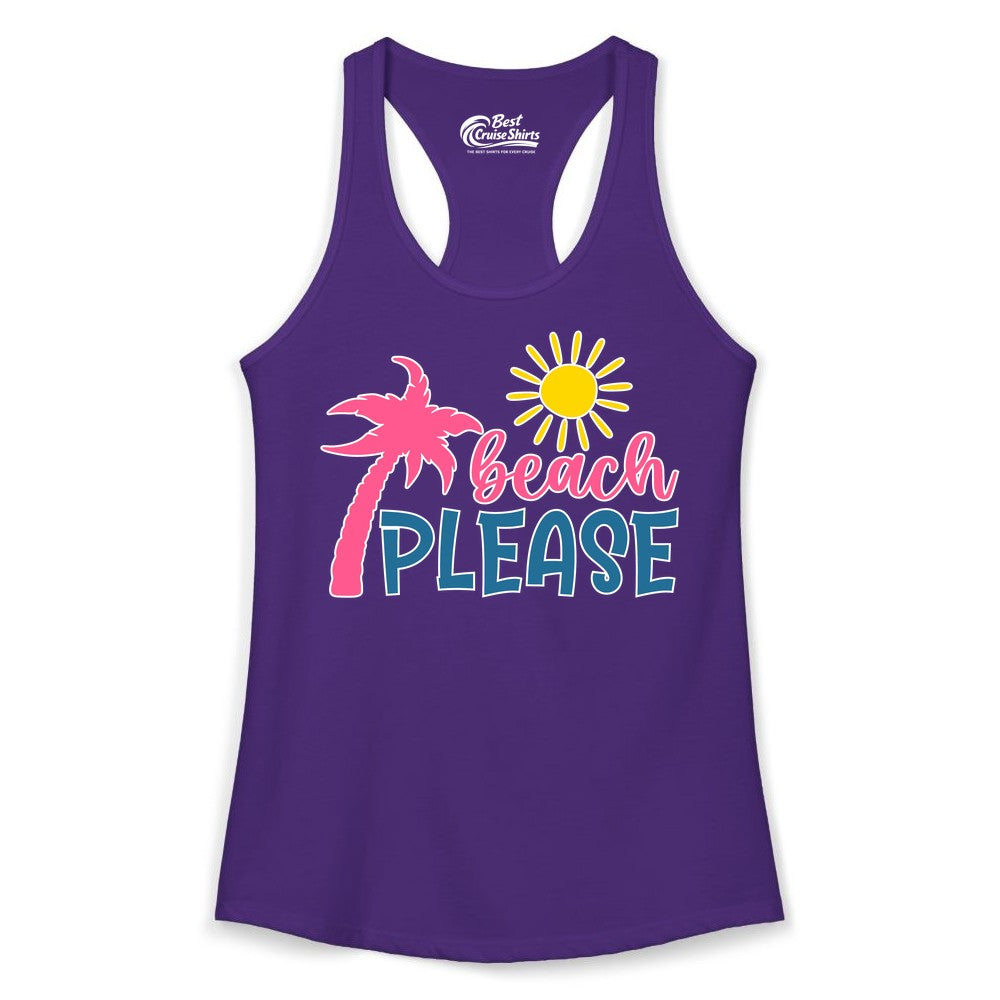 Beach Please Shirt - Funny Tropical Summer Tee with Palm Tree Sun (Ladies Tank) in Solid Purple Rush - Beach Please Shirt - Tropical Palm Tree and Sun Funny Summer Tee