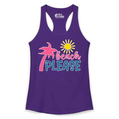Beach Please Shirt - Funny Tropical Summer Tee with Palm Tree Sun (Ladies Tank) in Solid Purple Rush - Beach Please Shirt - Tropical Palm Tree and Sun Funny Summer Tee