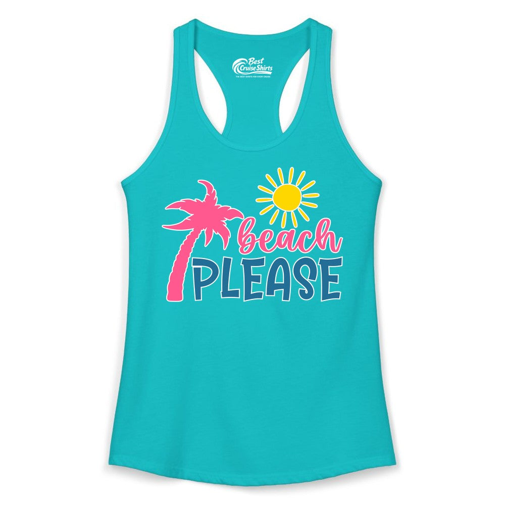 Beach Please Shirt - Funny Tropical Summer Tee with Palm Tree Sun (Ladies Tank) in Tahiti Blue - Beach Please Shirt - Tropical Palm Tree and Sun Funny Summer Tee