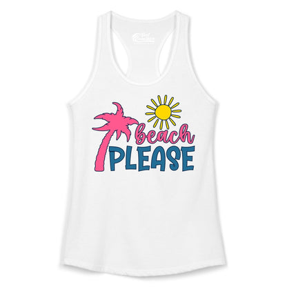 Beach Please Shirt - Funny Tropical Summer Tee with Palm Tree Sun (Ladies Tank) in White - Beach Please Shirt - Tropical Palm Tree and Sun Funny Summer Tee