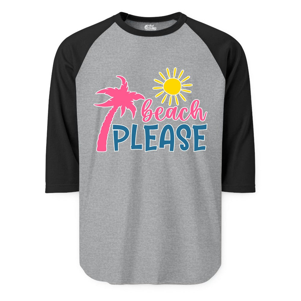 Beach Please Shirt - Funny Tropical Summer Tee with Palm Tree Sun (Raglan) in Heather GreyBlack - Beach Please Shirt - Tropical Palm Tree and Sun Funny Summer Tee
