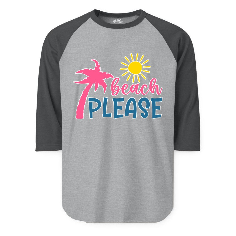 Beach Please Shirt - Funny Tropical Summer Tee with Palm Tree Sun (Raglan) in Heather GreyHeather Charcoal - Beach Please Shirt - Tropical Palm Tree and Sun Funny Summer Tee