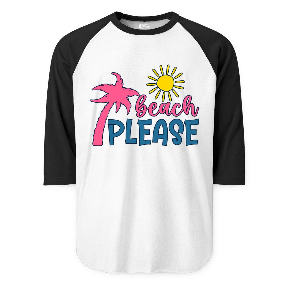 Beach Please Shirt - Funny Tropical Summer Tee with Palm Tree Sun (Raglan) in WhiteBlack - Beach Please Shirt - Tropical Palm Tree and Sun Funny Summer Tee