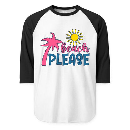 Beach Please Shirt - Funny Tropical Summer Tee with Palm Tree Sun (Raglan) in WhiteBlack - Beach Please Shirt - Tropical Palm Tree and Sun Funny Summer Tee