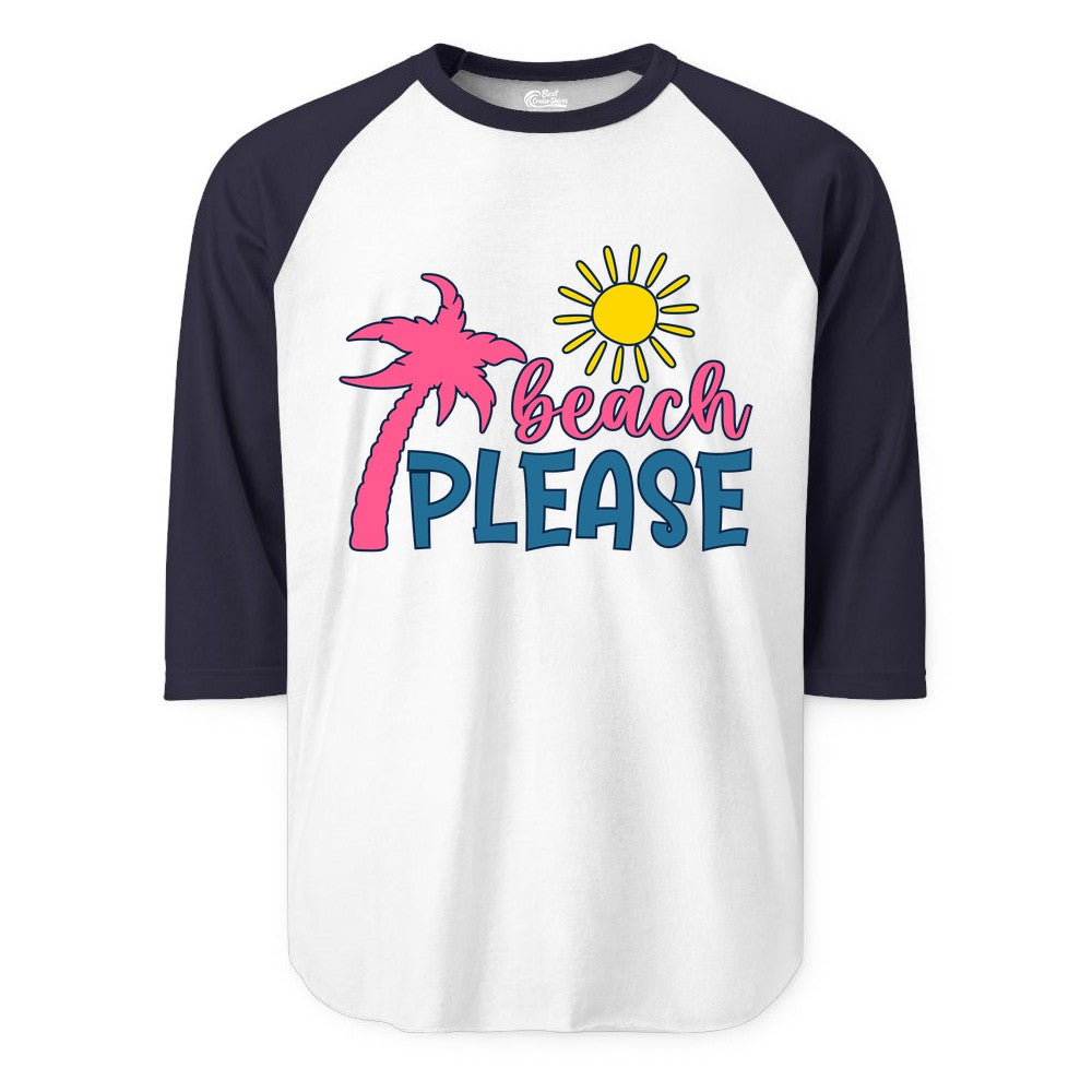 Beach Please Shirt - Funny Tropical Summer Tee with Palm Tree Sun (Raglan) in WhiteNavy - Beach Please Shirt - Tropical Palm Tree and Sun Funny Summer Tee