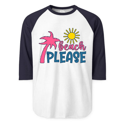 Beach Please Shirt - Funny Tropical Summer Tee with Palm Tree Sun (Raglan) in WhiteNavy - Beach Please Shirt - Tropical Palm Tree and Sun Funny Summer Tee