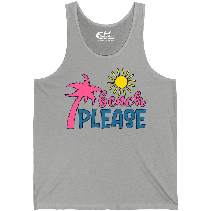 Beach Please Shirt - Funny Tropical Summer Tee with Palm Tree Sun (Tank Top) in Athletic Heather - Beach Please Shirt - Tropical Palm Tree and Sun Funny Summer Tee