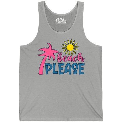 Beach Please Shirt - Funny Tropical Summer Tee with Palm Tree Sun (Tank Top) in Athletic Heather - Beach Please Shirt - Tropical Palm Tree and Sun Funny Summer Tee