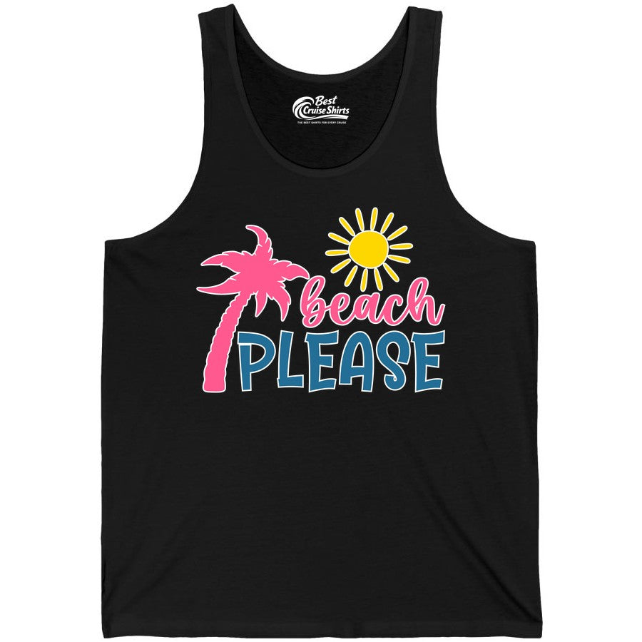 Beach Please Shirt - Funny Tropical Summer Tee with Palm Tree Sun (Tank Top) in Black - Beach Please Shirt - Tropical Palm Tree and Sun Funny Summer Tee