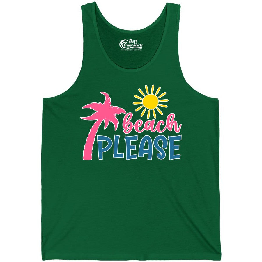 Beach Please Shirt - Funny Tropical Summer Tee with Palm Tree Sun (Tank Top) in Kelly - Beach Please Shirt - Tropical Palm Tree and Sun Funny Summer Tee