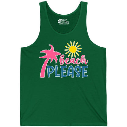 Beach Please Shirt - Funny Tropical Summer Tee with Palm Tree Sun (Tank Top) in Kelly - Beach Please Shirt - Tropical Palm Tree and Sun Funny Summer Tee