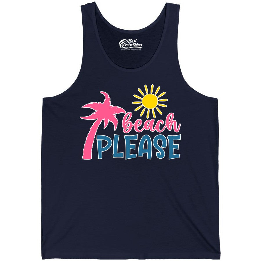 Beach Please Shirt - Funny Tropical Summer Tee with Palm Tree Sun (Tank Top) in Navy - Beach Please Shirt - Tropical Palm Tree and Sun Funny Summer Tee