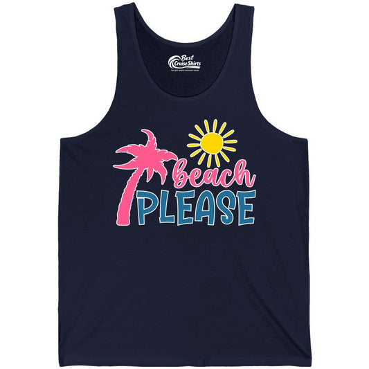 Beach Please Shirt - Funny Tropical Summer Tee with Palm Tree Sun (Tank Top) in Navy - Beach Please Shirt - Tropical Palm Tree and Sun Funny Summer Tee