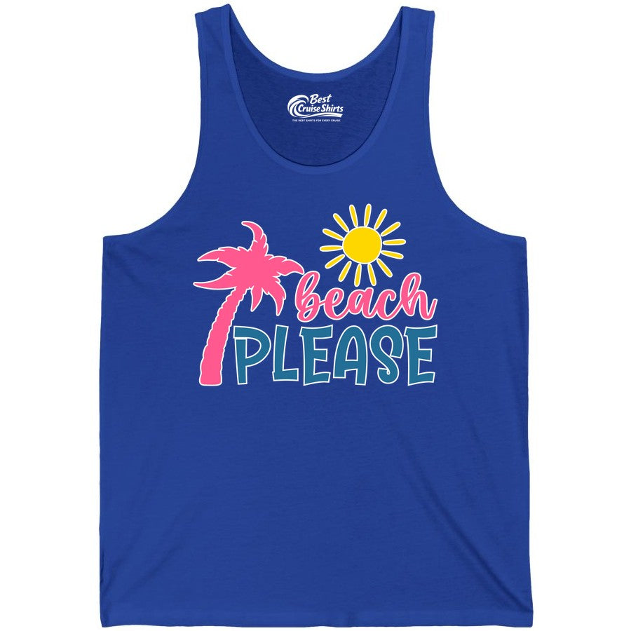 Beach Please Shirt - Funny Tropical Summer Tee with Palm Tree Sun (Tank Top) in True Royal - Beach Please Shirt - Tropical Palm Tree and Sun Funny Summer Tee