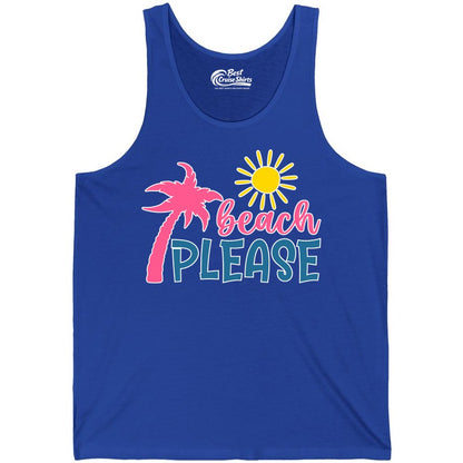Beach Please Shirt - Funny Tropical Summer Tee with Palm Tree Sun (Tank Top) in True Royal - Beach Please Shirt - Tropical Palm Tree and Sun Funny Summer Tee