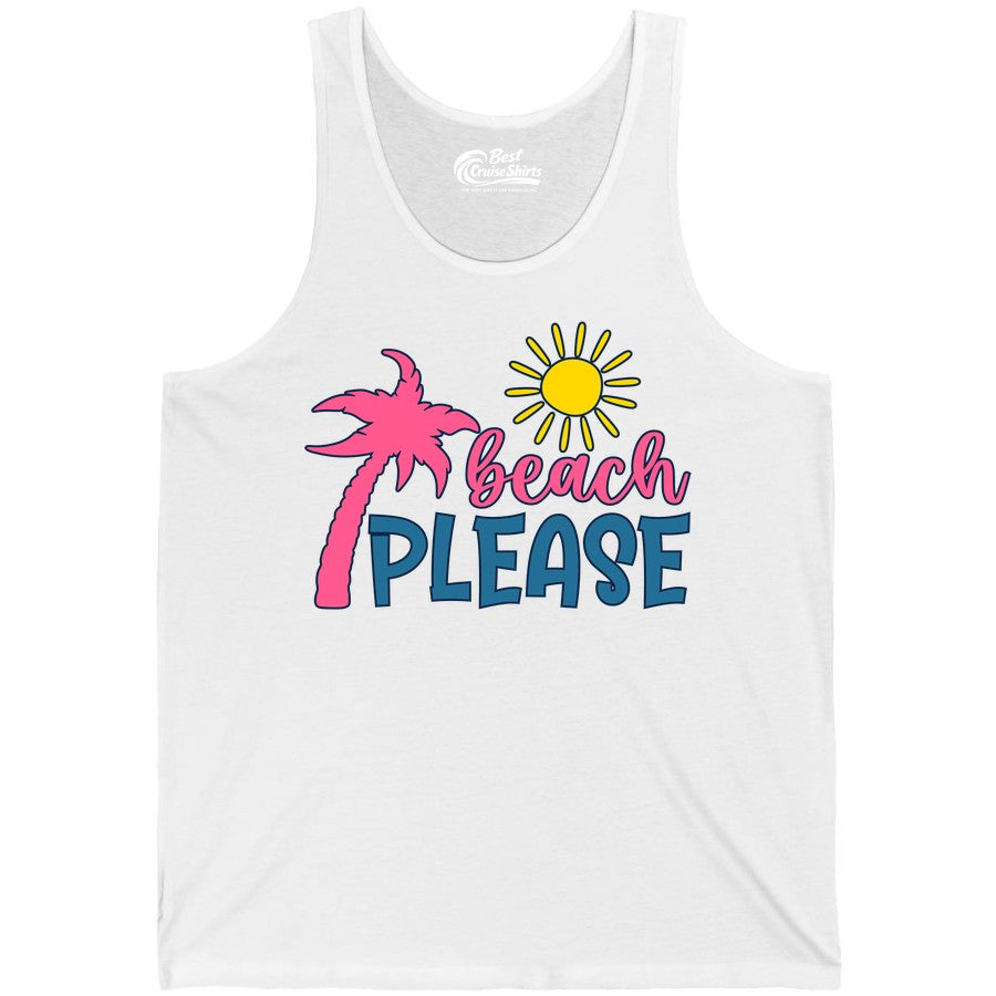 Beach Please Shirt - Funny Tropical Summer Tee with Palm Tree Sun (Tank Top) in White - Beach Please Shirt - Tropical Palm Tree and Sun Funny Summer Tee