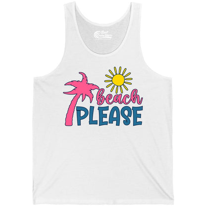 Beach Please Shirt - Funny Tropical Summer Tee with Palm Tree Sun (Tank Top) in White - Beach Please Shirt - Tropical Palm Tree and Sun Funny Summer Tee