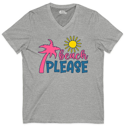 Beach Please Shirt - Funny Tropical Summer Tee with Palm Tree Sun (V-Neck) in Athletic Heather - Beach Please Shirt - Tropical Palm Tree and Sun Funny Summer Tee