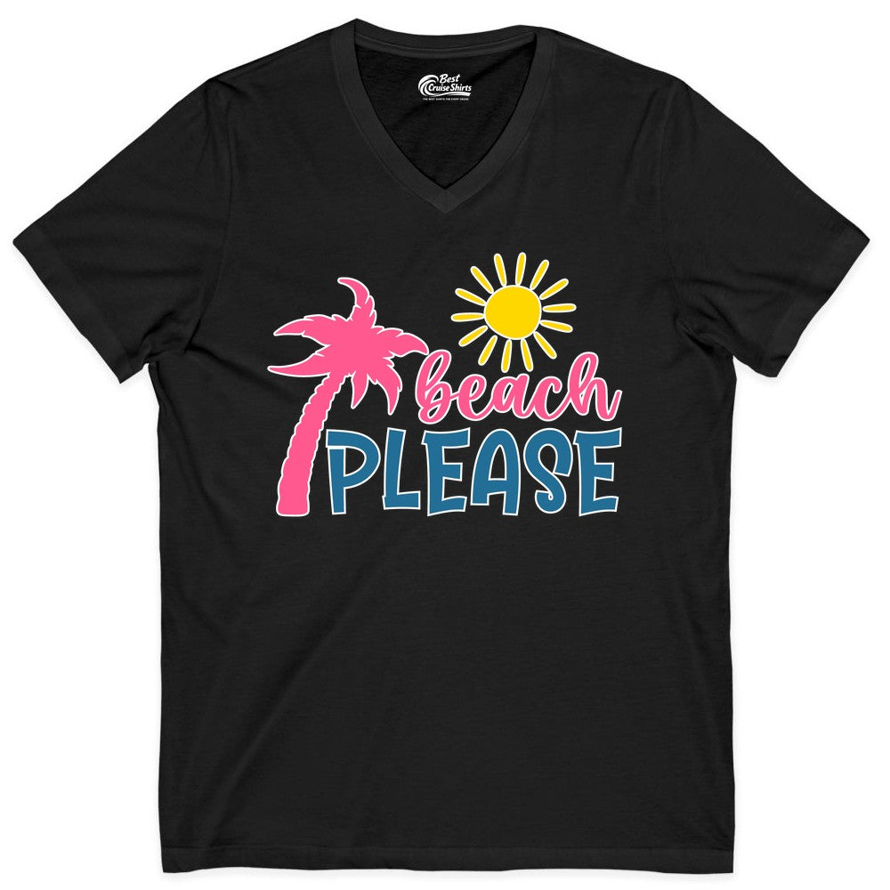 Beach Please Shirt - Funny Tropical Summer Tee with Palm Tree Sun (V-Neck) in Black - Beach Please Shirt - Tropical Palm Tree and Sun Funny Summer Tee