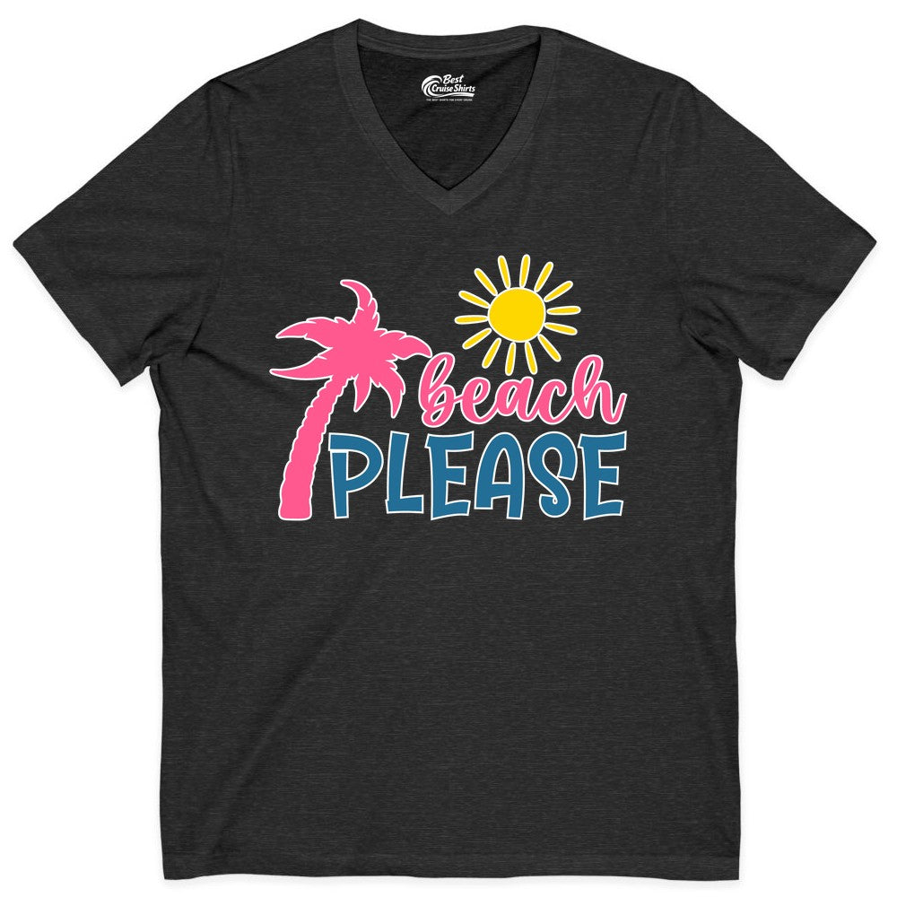 Beach Please Shirt - Funny Tropical Summer Tee with Palm Tree Sun (V-Neck) in Dark Grey Heather - Beach Please Shirt - Tropical Palm Tree and Sun Funny Summer Tee